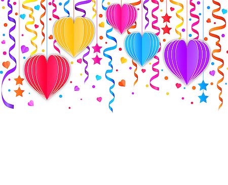 party paper falling - Card with colorful streamers,confetti and paper hearts on white background Stock Photo - Budget Royalty-Free & Subscription, Code: 400-09097168