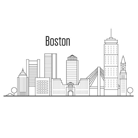 Boston city skyline - downtown cityscape, city landmarks in liner style Stock Photo - Budget Royalty-Free & Subscription, Code: 400-09097434