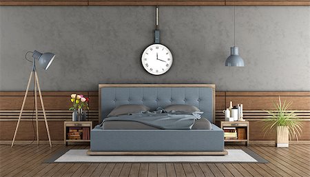 Elegant master bedroom with blue bedroom and wooden boiserie - 3d rendering Stock Photo - Budget Royalty-Free & Subscription, Code: 400-09097827