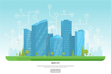 symbol for intelligence - Smart city vector illustration. Small building, big skyscrapers and large smart city tall skyscrapers on background. Urban street with park and trees near cityscape. Metropolis background. Stock Photo - Budget Royalty-Free & Subscription, Code: 400-09098447
