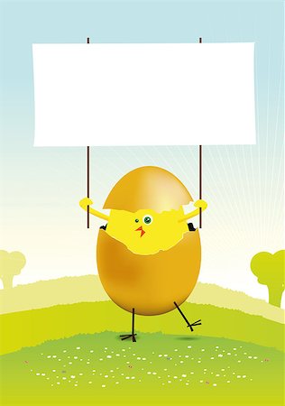Illustration of a tiny easter chick in a spring or summer landscape, holding a blank space to put your message in Stock Photo - Budget Royalty-Free & Subscription, Code: 400-09090437
