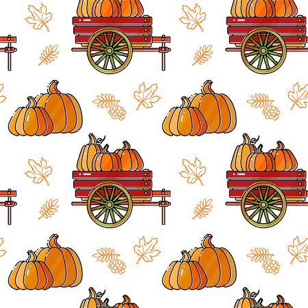 drawn pumpkins - Seamless pattern with pumpkin, cart and leaves. Vector background in autumn style. Thanksgiving Holiday Texture on white. Stock Photo - Budget Royalty-Free & Subscription, Code: 400-09091420