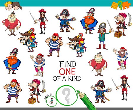 Cartoon Illustration of Find One of a Kind Educational Activity Game for Children with Pirates Comic Characters Stock Photo - Budget Royalty-Free & Subscription, Code: 400-09091852