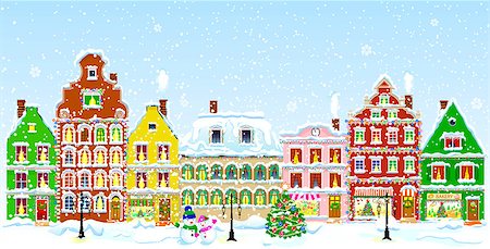 City street in winter. Christmas Eve. The winter vacation. The houses are covered with snow. Snow on a city street. Houses decorated before the winter holidays. Stock Photo - Budget Royalty-Free & Subscription, Code: 400-09092226