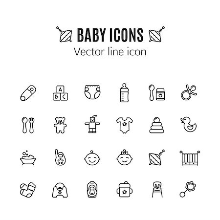 simsearch:400-05673438,k - Baby toys thin line icon. Outline symbol kid plaything for games for the design of children's website, clinic and mobile applications. Outline stroke feeding, game, bathing pictograms. Pin, car seat, highchair, baby monitor, baby food and other baby accessories. Stock Photo - Budget Royalty-Free & Subscription, Code: 400-09092318