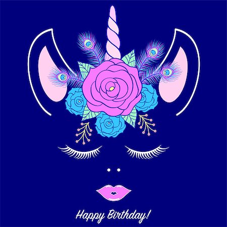doodle lips - Head of hand drawn unicorn with floral wreath on dark background Stock Photo - Budget Royalty-Free & Subscription, Code: 400-09092684