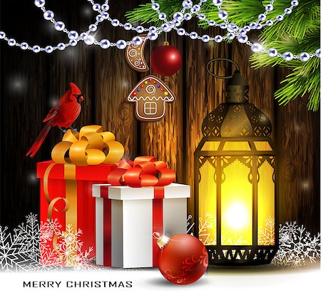Christmas tree branches background. Vector on wooden wall with snow and standing street light and red bird cardinal and gifts Stock Photo - Budget Royalty-Free & Subscription, Code: 400-09092871