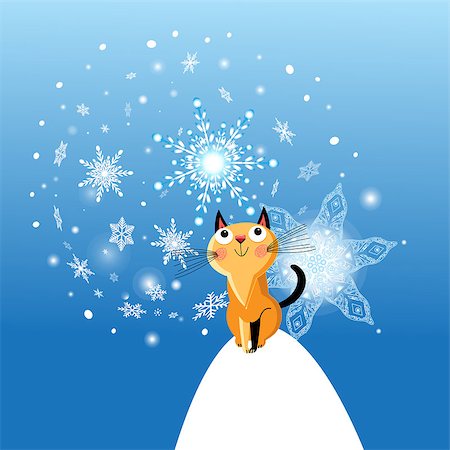 Winter card with cat on blue background with snowflakes Stock Photo - Budget Royalty-Free & Subscription, Code: 400-09093358