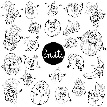 Black and White Cartoon Illustration of Fruits Comic Food Characters Big Set Color Book Foto de stock - Super Valor sin royalties y Suscripción, Código: 400-09093379