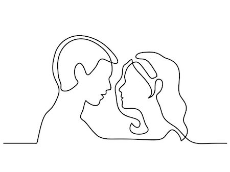 Continuous line drawing. Man and Woman silhouettes in love on white background. Black line faces profiles. Vector illustration Stock Photo - Budget Royalty-Free & Subscription, Code: 400-09109101