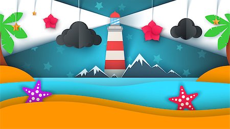 Cartoon paper island. Beach, palm, star, cloud mountain moon sea Vector eps 10 Stock Photo - Budget Royalty-Free & Subscription, Code: 400-09109696