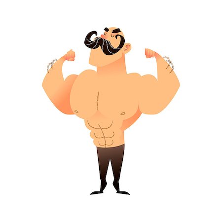 simsearch:400-07318730,k - Cartoon muscular brutal man with a mustache. Funny athletic guy. Bald man proudly shows his muscles in strong arms. Vector flat illustration of an athlete or circus performer. Strong character with naked torso shows muscular arms with biceps and triceps Stock Photo - Budget Royalty-Free & Subscription, Code: 400-09114084