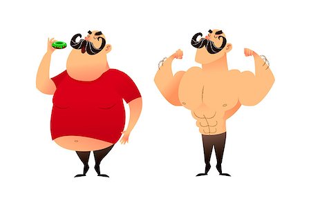 simsearch:400-04647880,k - A fat guy and an athlete. Before and after. Doing sports and eating healthy concepts. A man with obesity is eating a donut. The strongman and the wrestler show their muscles. Successful weight loss and great shape Stock Photo - Budget Royalty-Free & Subscription, Code: 400-09114086
