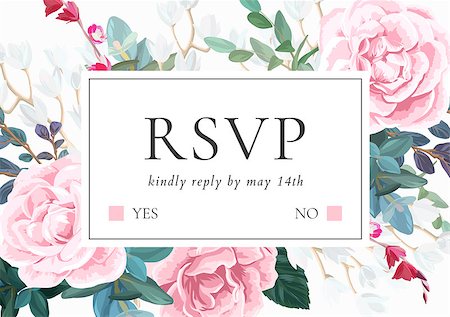 simsearch:400-08528676,k - Floral wedding invitation with pink roses. Botanical RSVP card template. Hant drawn vector illustration. Stock Photo - Budget Royalty-Free & Subscription, Code: 400-09114395