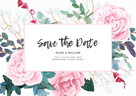 simsearch:400-08528676,k - Floral wedding invitation with pink roses on white background. Horizontal RSVP or save the date template. Classic vector design. Stock Photo - Budget Royalty-Free & Subscription, Code: 400-09114506