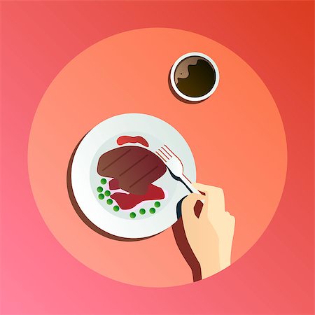 simsearch:400-08786053,k - Vector flat illustration catering party with people hands and a plate with dishes from the menu, bacon, grilled meat, green peas and coffee, top view banner Stock Photo - Budget Royalty-Free & Subscription, Code: 400-09114531