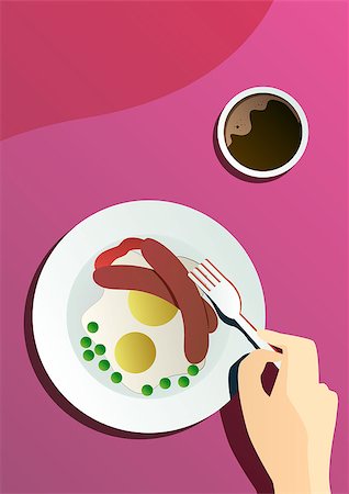 simsearch:400-08786053,k - Vector flat poster catering party with people hands and a plate with dishes from the menu, sausages,t fried eggs, green peas and coffee, top view banner Stock Photo - Budget Royalty-Free & Subscription, Code: 400-09114532