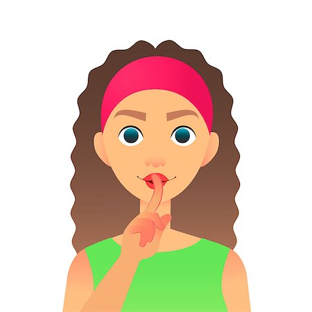 simsearch:400-04175955,k - Cartoon beautiful woman saying hush be quiet with finger on lips gesture. Flat vector secret girl. Female silent gesture with finger. Shhh symbol Stock Photo - Budget Royalty-Free & Subscription, Code: 400-09115639