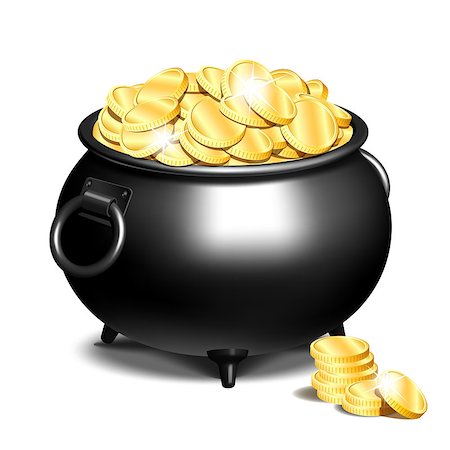 simsearch:400-04365987,k - Black iron cauldron full of gold coins isolated on white background. Stack of gold coins near the black pot. Vector illustration for St. Patricks Day poster or card. Photographie de stock - Aubaine LD & Abonnement, Code: 400-09115701