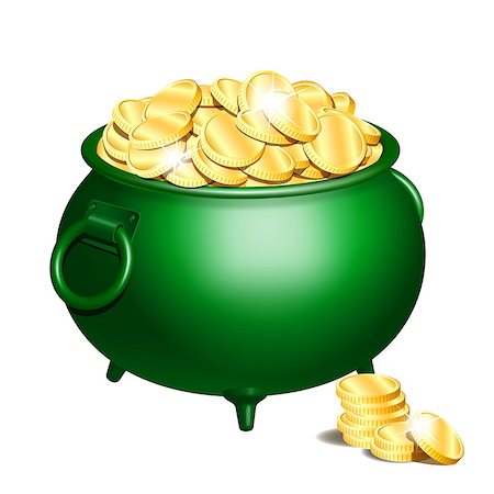 simsearch:400-04365987,k - Green iron cauldron full of gold coins isolated on white background. Stack of gold coins near the green pot. St. Patricks Day symbol. Vector illustration. Photographie de stock - Aubaine LD & Abonnement, Code: 400-09115702