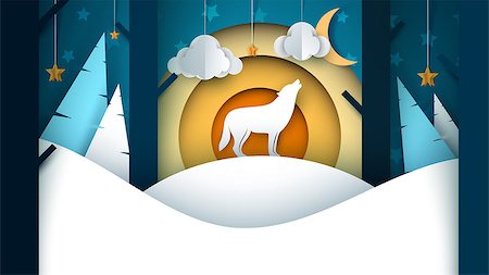 Cartoon paper landscape. Wolf illustration. Tree, fir, cloud, moon snow hill Vector eps 10 Stock Photo - Budget Royalty-Free & Subscription, Code: 400-09116033