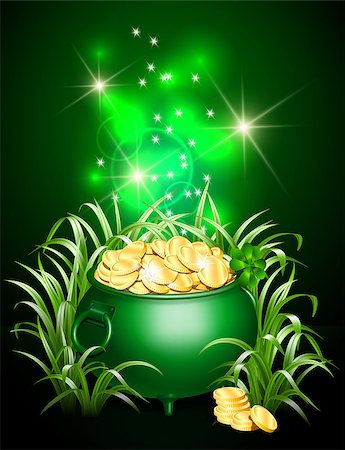 simsearch:400-04365987,k - Green iron cauldron full of gold coins with mystic bright light in grass on dark background. Stack of gold coins near the green pot. St. Patricks Day symbol. Vector illustration. Photographie de stock - Aubaine LD & Abonnement, Code: 400-09116134