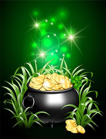 simsearch:400-04365987,k - Black iron cauldron full of gold coins with mystic bright light in grass on dark background. Stack of gold coins near the pot. St. Patricks Day symbol. Vector illustration. Photographie de stock - Aubaine LD & Abonnement, Code: 400-09116136