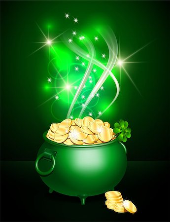 simsearch:400-04365987,k - Green iron cauldron full of gold coins with mystic bright light on dark background. Stack of gold coins near the green pot. St. Patricks Day symbol. Vector illustration. Photographie de stock - Aubaine LD & Abonnement, Code: 400-09116132