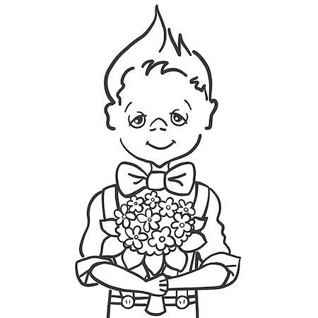 simsearch:400-06109415,k - monochrome hand paint draw of a little smile boy with batterfly who wants to give a bouquet flowers to his teacher at school, to mam, to girl, 1st september, cartoon character Stock Photo - Budget Royalty-Free & Subscription, Code: 400-09116561