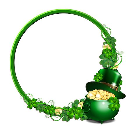 simsearch:400-06519689,k - Patrick day round green frame with St. Patricks Day symbols - leprechaun hat, pot full of gold coins and clover leaves. Vector illustration for greeting card, poster, banner Foto de stock - Super Valor sin royalties y Suscripción, Código: 400-09116577