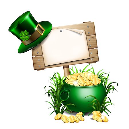 simsearch:400-06519689,k - Saint Patricks Day background with empty paper blank on wooden signboard in grass, green hatwith clover leaf and green pot full of gold coins. Vector illustration. Foto de stock - Super Valor sin royalties y Suscripción, Código: 400-09116579