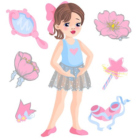 Vector illustration of little ballerina and other related items- magic wand, star, glitters, flower of rose, mirror, crown, tiara. Stock Photo - Budget Royalty-Free & Subscription, Code: 400-09116833