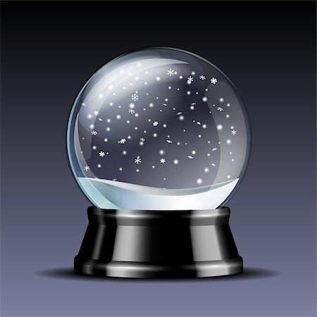 Snow globe with falling snowflakes. Realistic transparent glass sphere on black pedestal. Magic glass sphere on dark background. Vector illustration EPS 10 Stock Photo - Budget Royalty-Free & Subscription, Code: 400-09117127