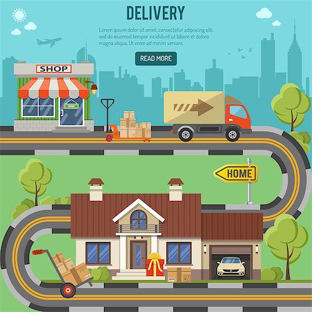 Shopping, Delivery and Logistic concept with flat Icons for e-commerce marketing and advertising like shop, delivery, truck and house. Vector illustration Stock Photo - Budget Royalty-Free & Subscription, Code: 400-09117138