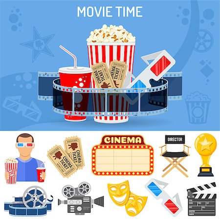 Cinema and Movie time concept with flat icons masks, 3D glasses, clapperboard and viewer with popcorn and soda in hands. Isolated vector illustration Stock Photo - Budget Royalty-Free & Subscription, Code: 400-09117144