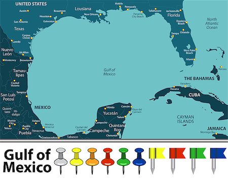 Vector map of Gulf of Mexico with countries, big cities and icons Stock Photo - Budget Royalty-Free & Subscription, Code: 400-09118129