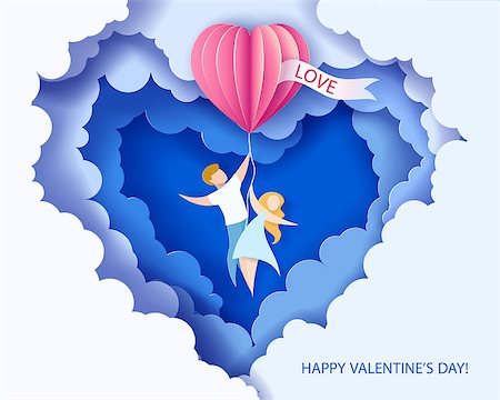Card for Valentines day. Abstract background with couple flying with heart shaped airballoon. Vector illustration. Paper cut and craft style. Stock Photo - Budget Royalty-Free & Subscription, Code: 400-09110082