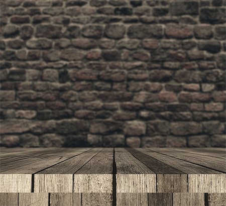 simsearch:400-06107660,k - 3D render of a wooden table against defocussed brick wall Stock Photo - Budget Royalty-Free & Subscription, Code: 400-09112479