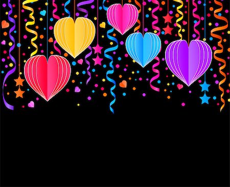 party paper falling - Card with colorful streamers,confetti and paper hearts on black background Stock Photo - Budget Royalty-Free & Subscription, Code: 400-09112812