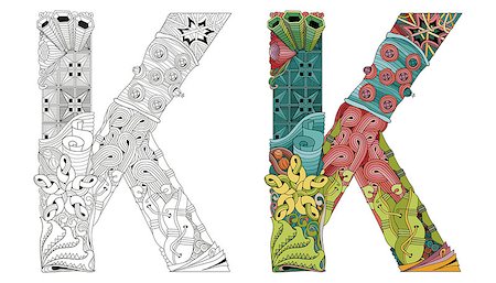 simsearch:600-00954324,k - Hand-painted art design. Letter K zentangle objects. Colored and outline set Stockbilder - Microstock & Abonnement, Bildnummer: 400-09113032