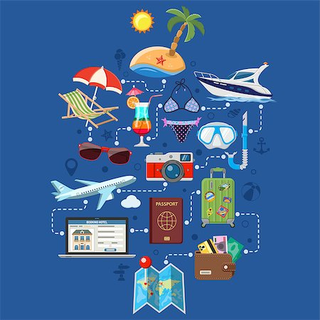 Vacation and Tourism Infographics with Flat Icons Planning, Booking, Luggage, Trip, Cocktail, Island, Aircraft and Suitcase. Isolated vector illustration Stock Photo - Budget Royalty-Free & Subscription, Code: 400-09113044