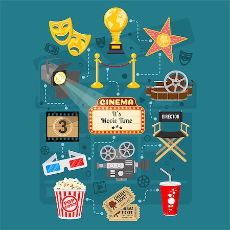 Cinema and Movie infographics with Flat Icons Set popcorn, award, 3D glasses, tickets. Isolated vector illustration Stock Photo - Budget Royalty-Free & Subscription, Code: 400-09113041