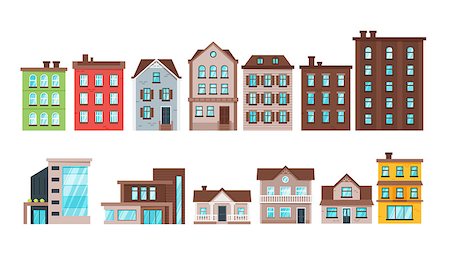 Vector  cartoon style set of city buildings and townhouse apartment exterior Stock Photo - Budget Royalty-Free & Subscription, Code: 400-09113395