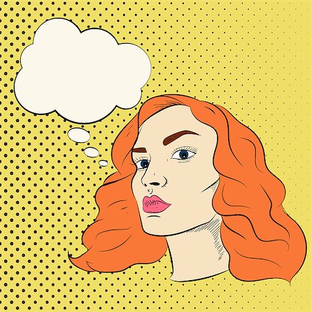 simsearch:400-05678958,k - Pretty red hair girl vector cartoon illustration in pop art style.. A Woman s face with speech bubble above dotted background Photographie de stock - Aubaine LD & Abonnement, Code: 400-09113804