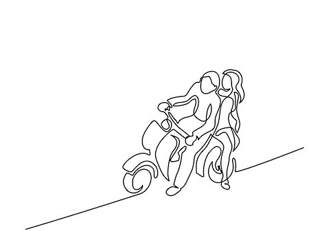 Continuous line drawing. Happy couple driving on scooter. Vector illustration Stock Photo - Budget Royalty-Free & Subscription, Code: 400-09120070