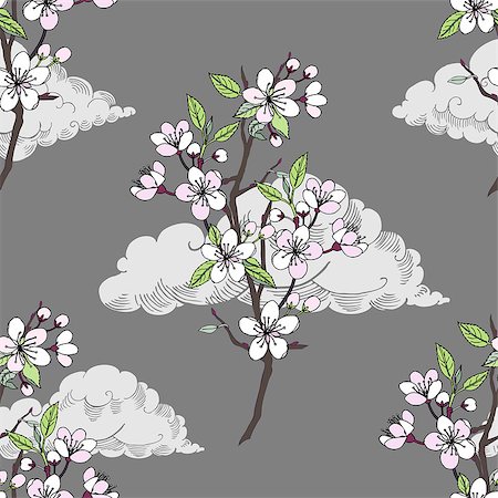 Seamless pattern  with sakura. Hand drawn spring blossom trees. Vector illustration with cherry blossoms. Stock Photo - Budget Royalty-Free & Subscription, Code: 400-09121502