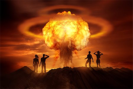 People watching the end of the world as a nuclear bomb explodes in front of them. Mixed media illustration. Stock Photo - Budget Royalty-Free & Subscription, Code: 400-09121570