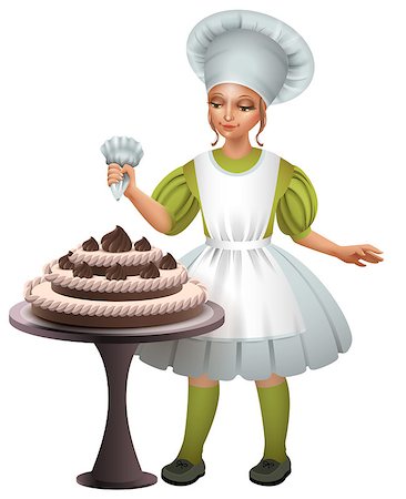 Little girl cook uniform decorated chocolate cake. Isolated on white vector cartoon illustration Stock Photo - Budget Royalty-Free & Subscription, Code: 400-09137081