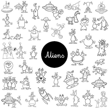 Black and White Cartoon Illustration of Aliens Fantasy Characters Huge Set Stock Photo - Budget Royalty-Free & Subscription, Code: 400-09137399