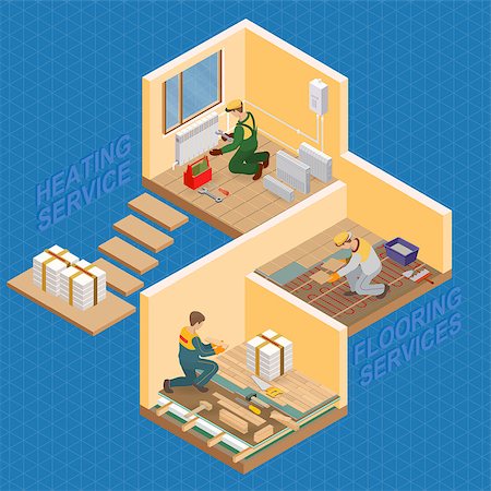 Isometric interior repairs concept. Repairer is fixing radiator.  Builder in uniform holds a tile. The worker is laying parquet Vector flat 3d illustration. Stock Photo - Budget Royalty-Free & Subscription, Code: 400-09138460